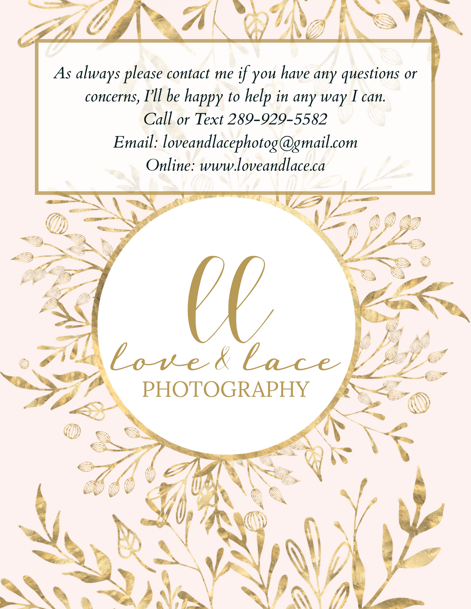 Contact information card for Love & Lace Photography featuring gold botanical design elements.