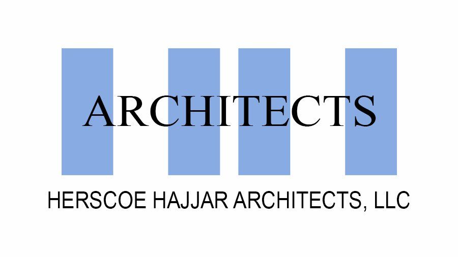 Blue and black logo for Herscoe Hajjar Architects LLC with simple geometric design.