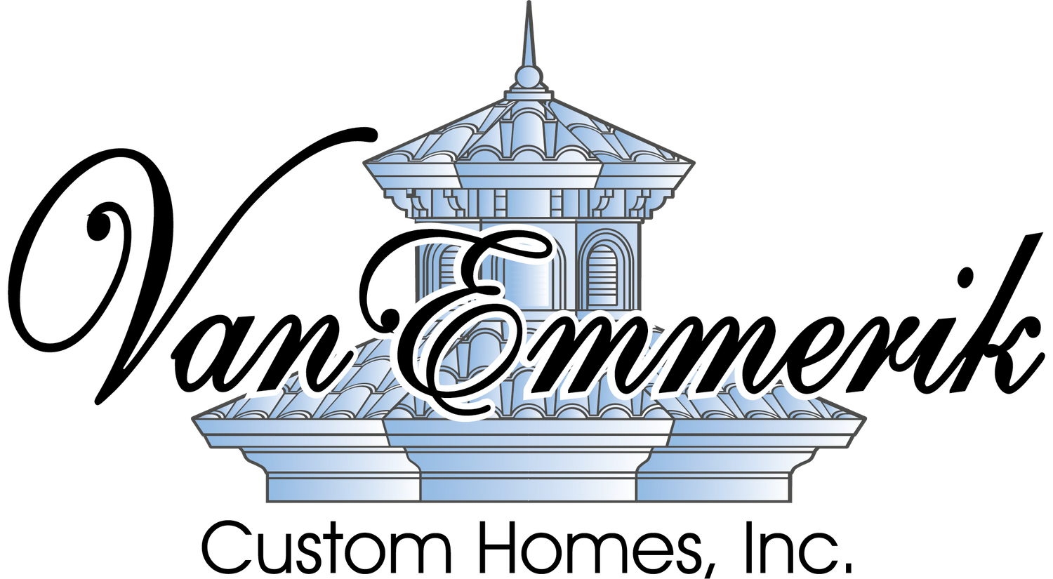 Elegant Van Emmerik logo design featuring a light blue architectural cupola illustration.