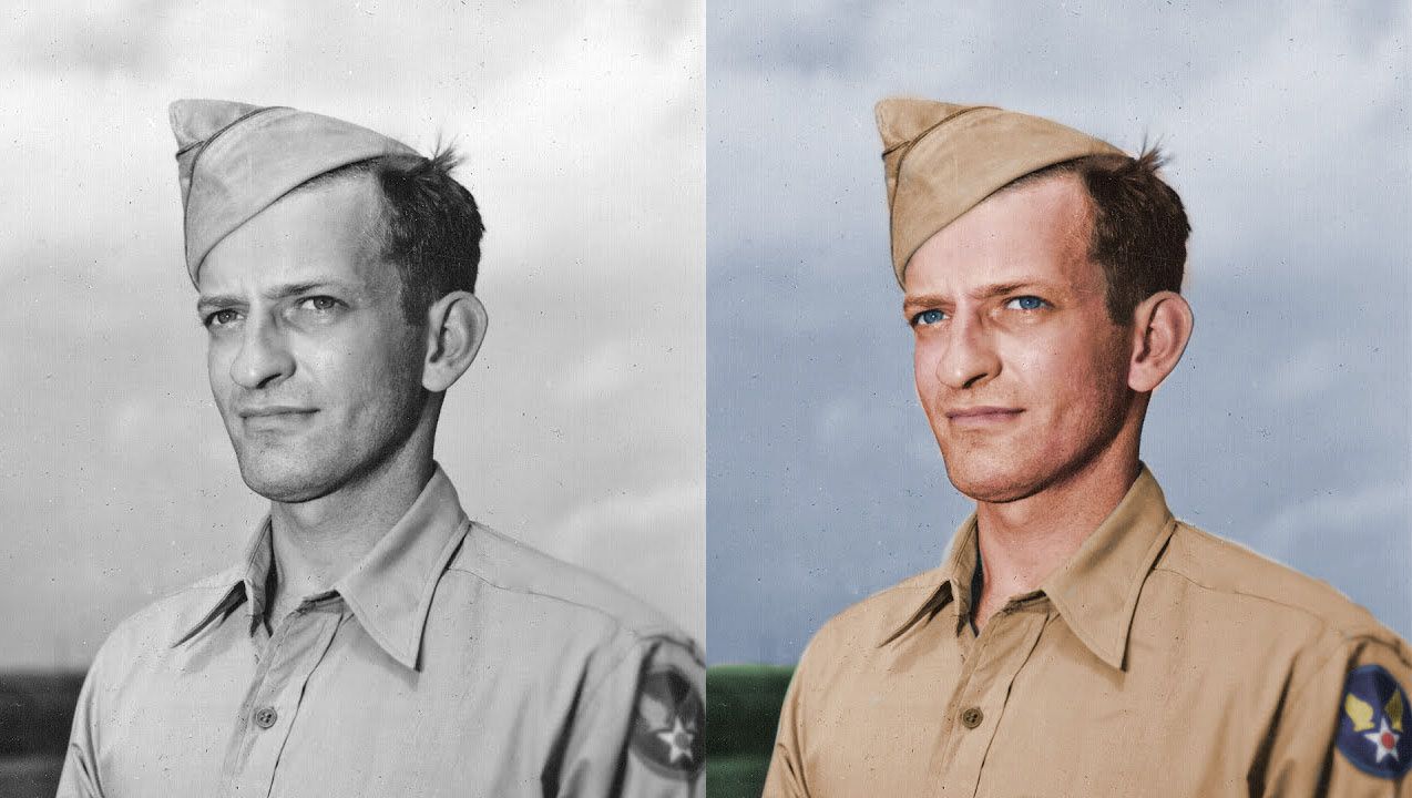 a man in a military uniform in black and white and in color