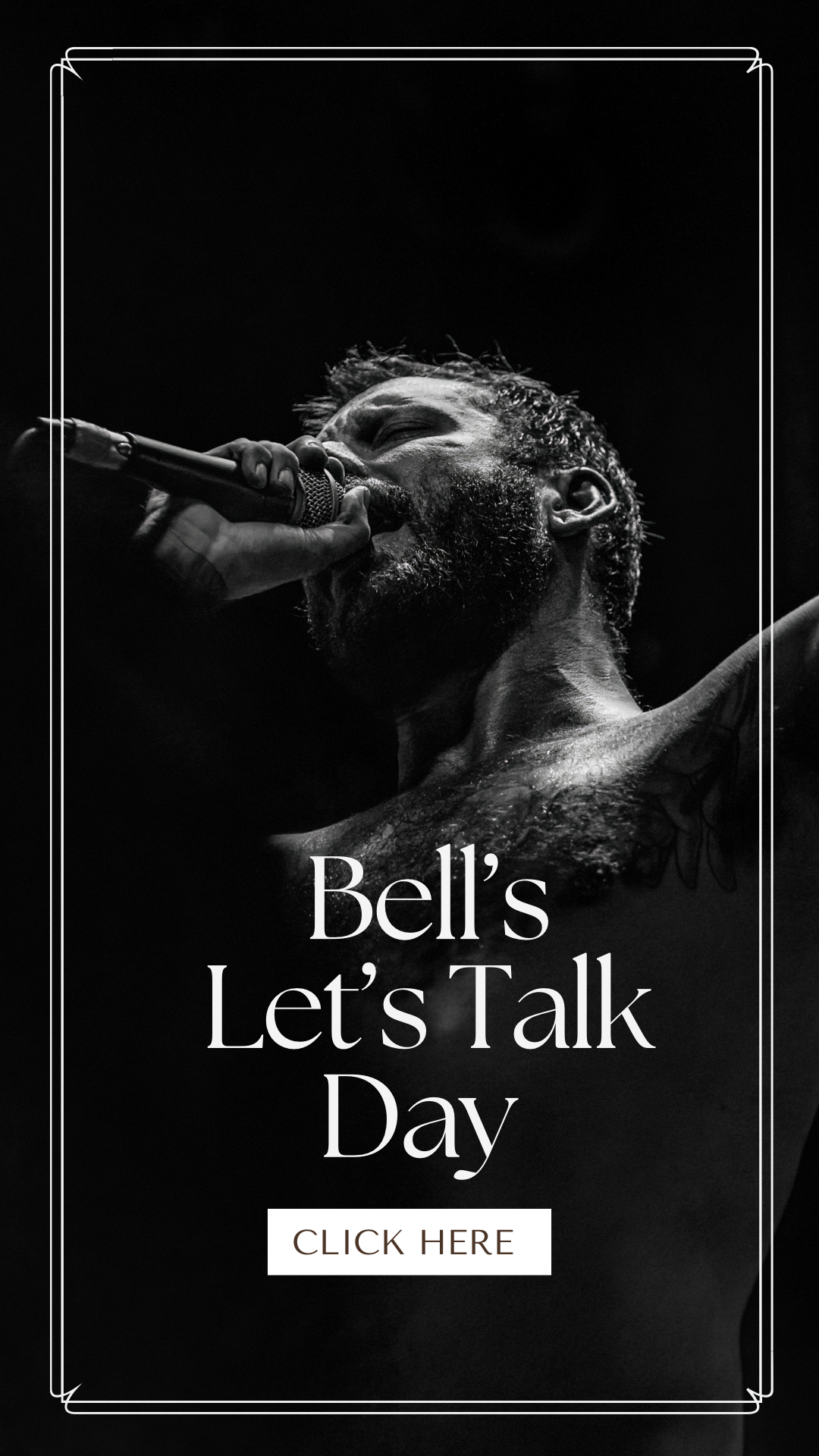 Black and white advertisement design for Bell's Let's Talk Day with artistic portrait.