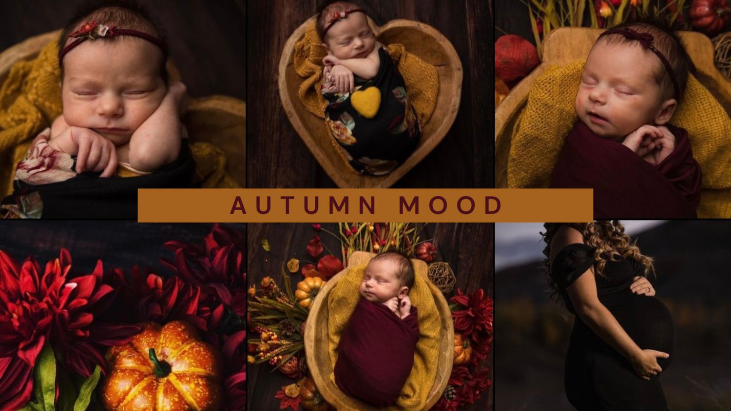 Collection of autumn-themed newborn photos with pumpkins and dark moody lighting.