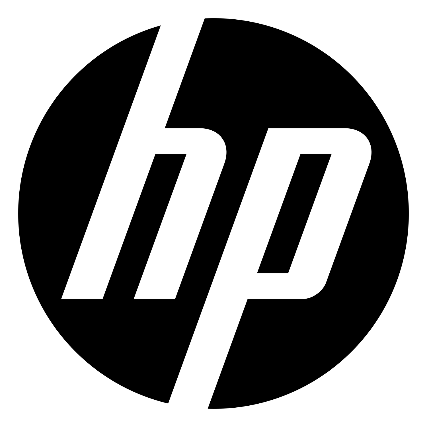 HP Hewlett Packard logo in white text on black circular background.