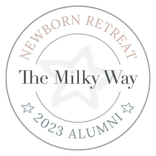 Circular logo for The Milky Way Newborn Retreat 2023 Alumni with star decorations.