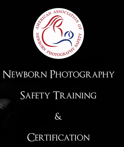 Newborn Photography Safety Training certification emblem with red and blue design.