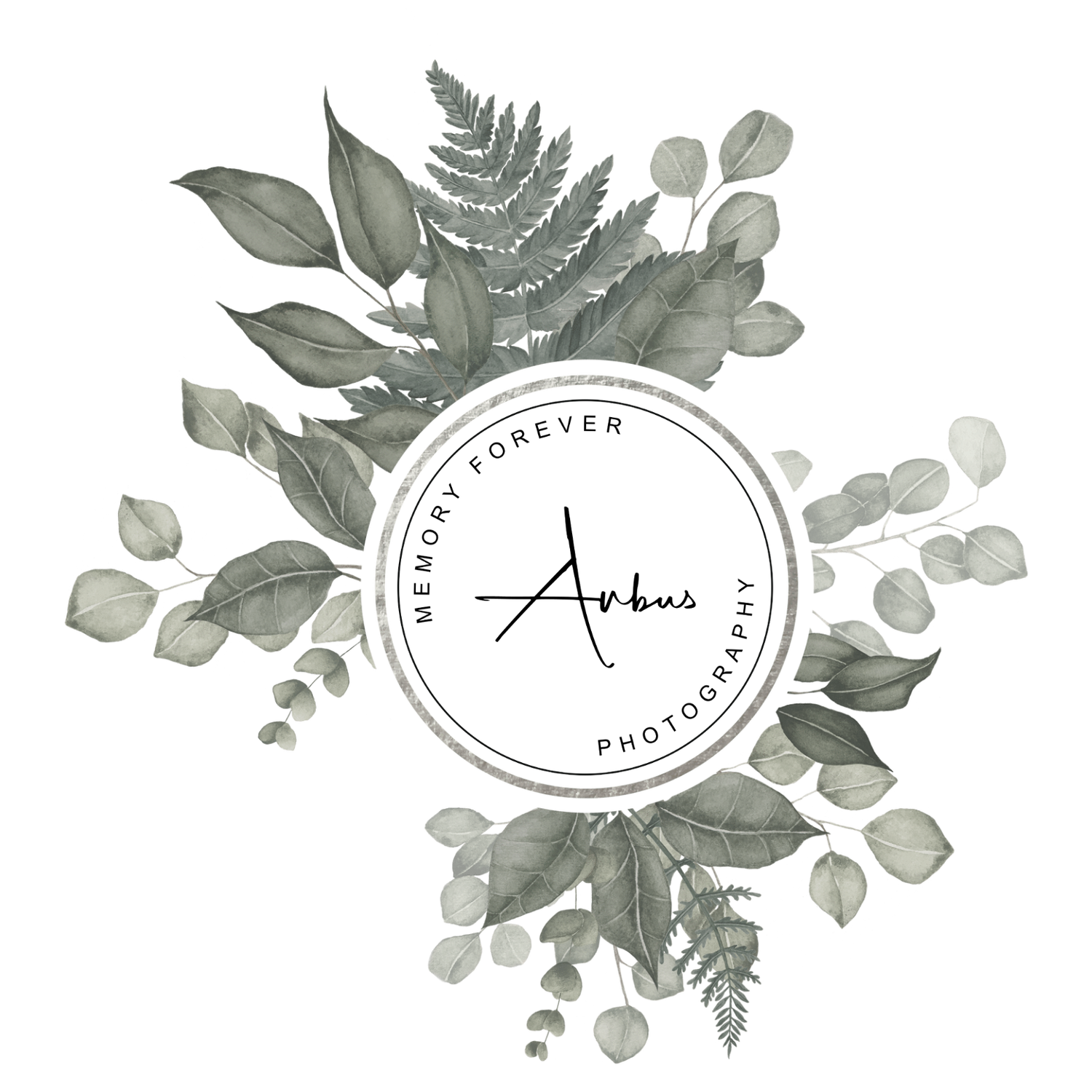 Decorative circular frame with gray-green leaves and botanical elements.