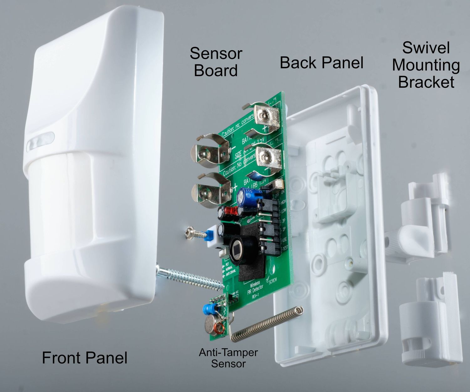 Exploded view infographic of PIR security sensor