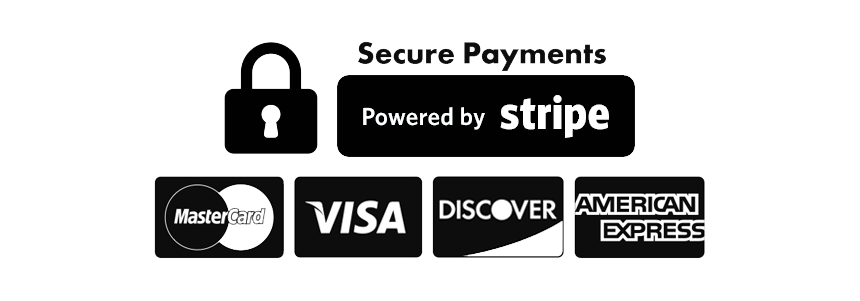 Payment icons showing Visa, Mastercard, Discover and American Express logos with Stripe powered text.