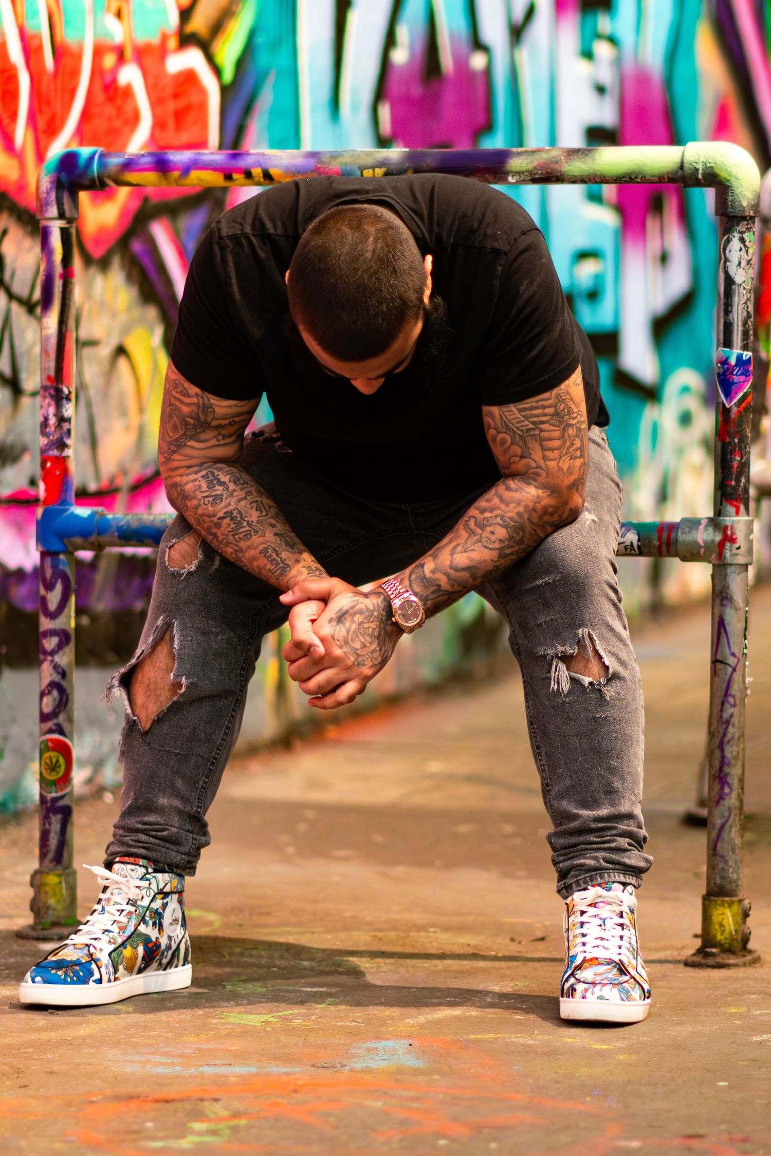 London photoshoot Leake street Graffiti tunnel beard and tattoos portrait by Kush Rattan Photography