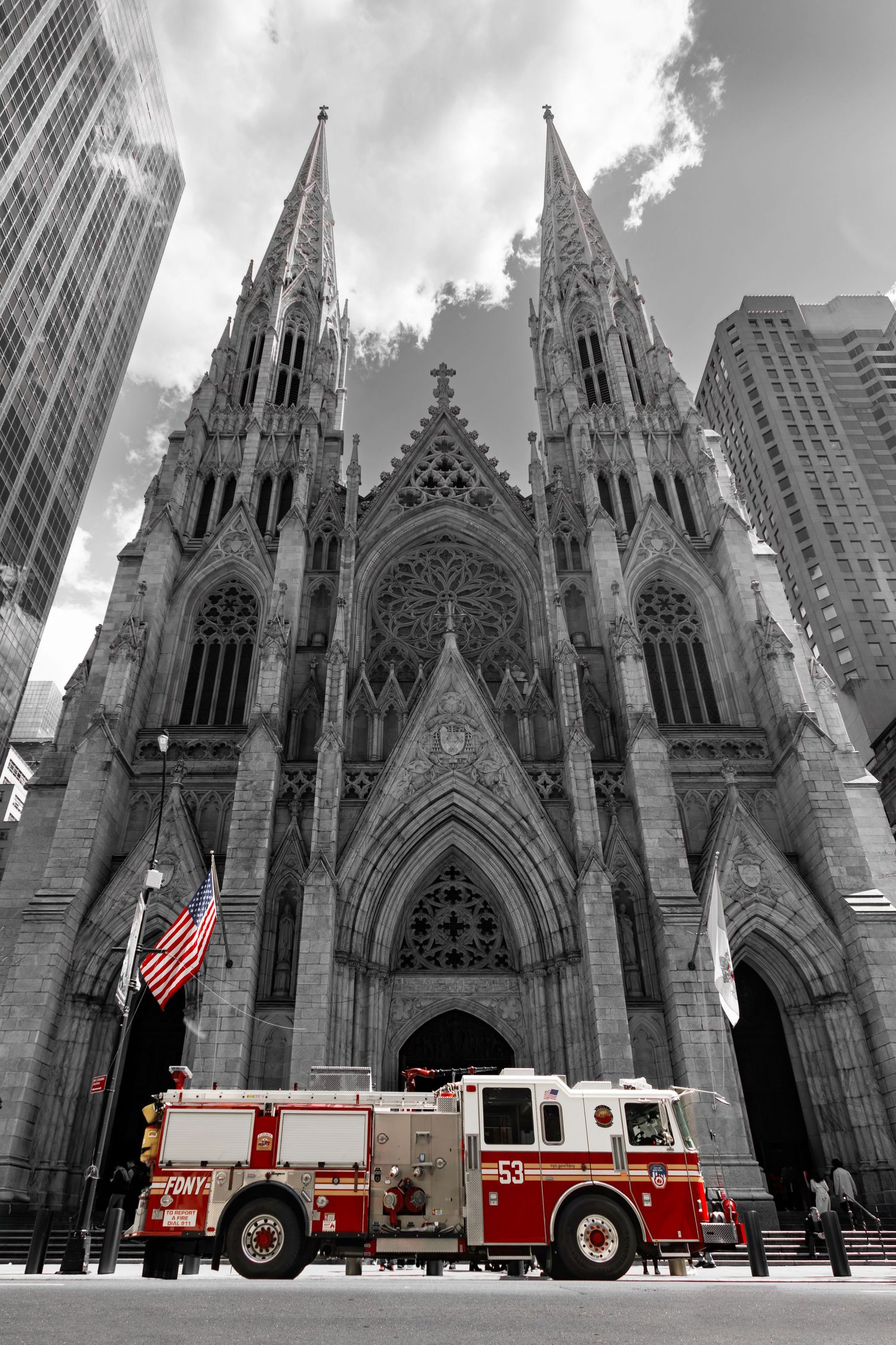 St. Patrick's Cathedral Manhattan New York with red fire engine FDNY in black and white by Kush Rattan Photography