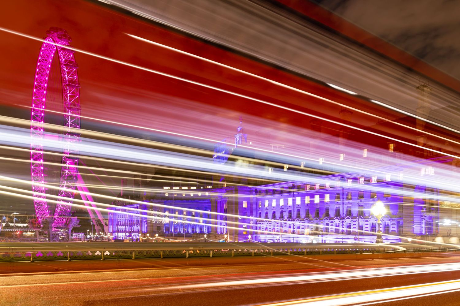 The London Eye and County Hall light trails with a red London bus long exposure by Kush Rattan Photography
