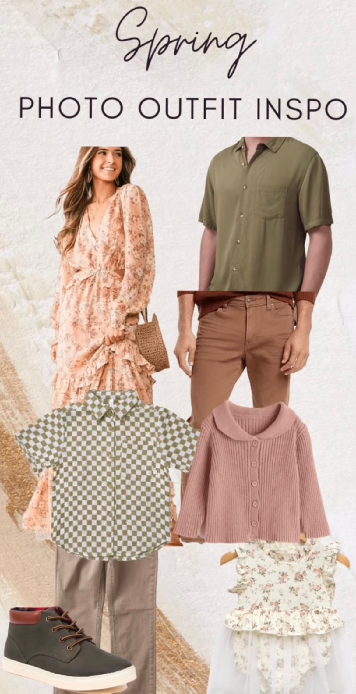 Spring outfit inspiration collage featuring floral dresses, casual shirts, and coordinating accessories.
