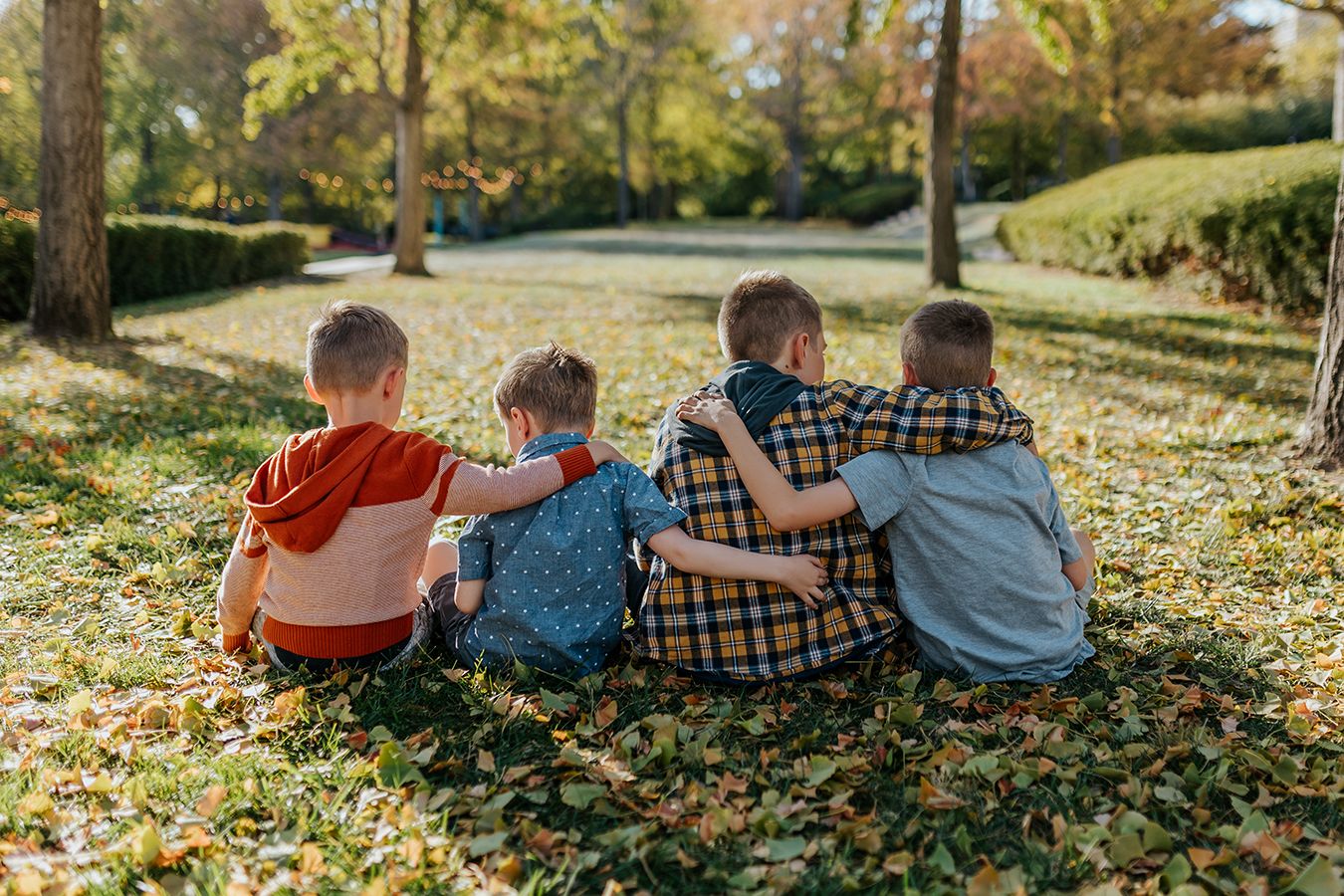 Four young boys sit facing away with their arms around each other among the bright yellow fall leaves on the Nelson Atki