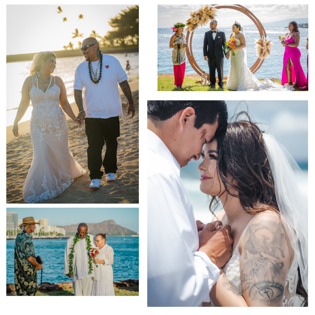 Collage of romantic beach wedding photos in Hawaii featuring traditional ceremonies and intimate moments.