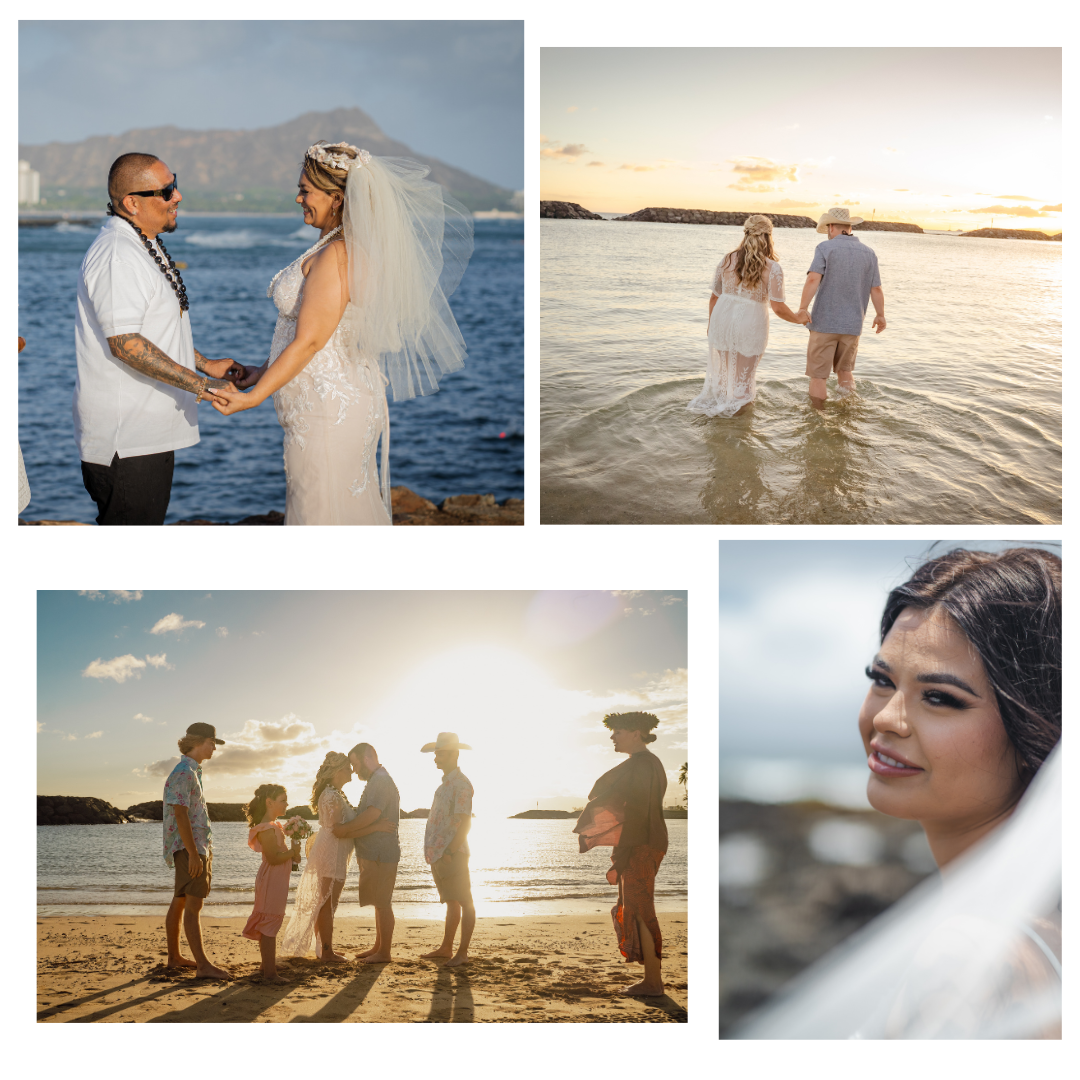 Collection of beach wedding moments showing ceremonies and couples walking along Hawaiian shores.