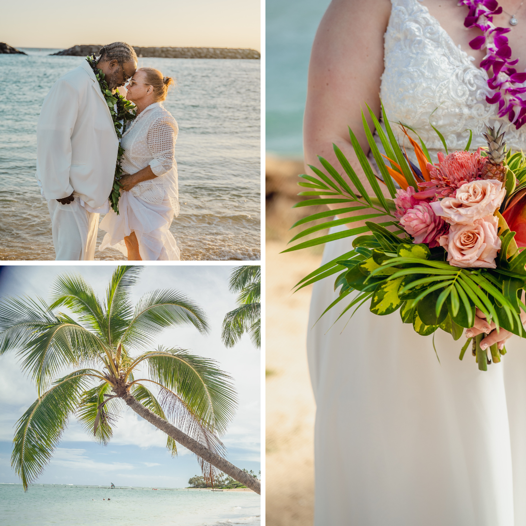Tropical beach wedding collage with palm trees, floral bouquet, and romantic moments at sunset.
