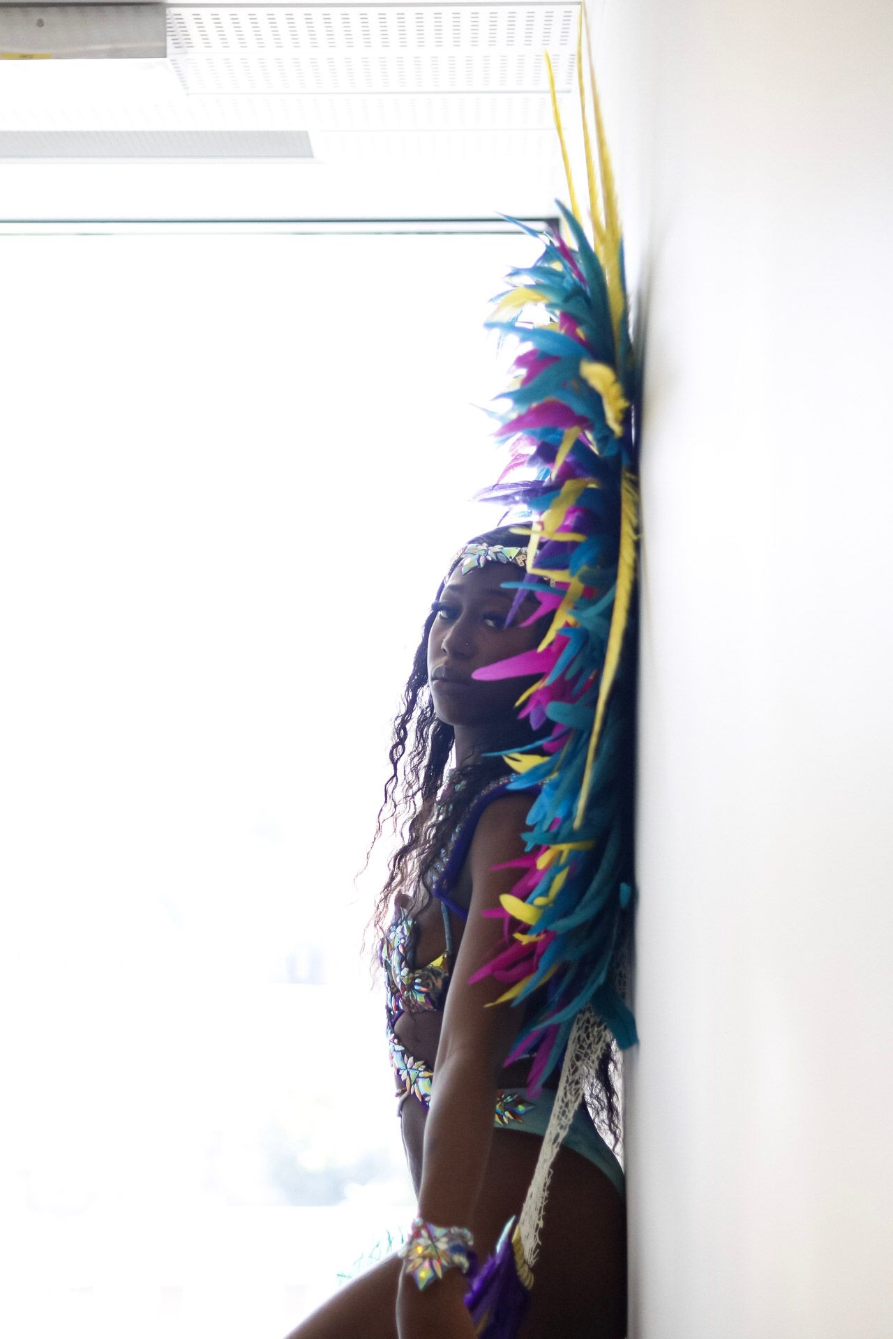 Artistic silhouette of carnival costume with colorful feathers against white background.