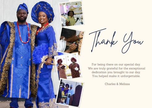 Wedding photo collage with thank you message and couples in traditional blue attire.