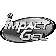 Impact Gel logo with silver 3D text inside a metallic oval emblem.