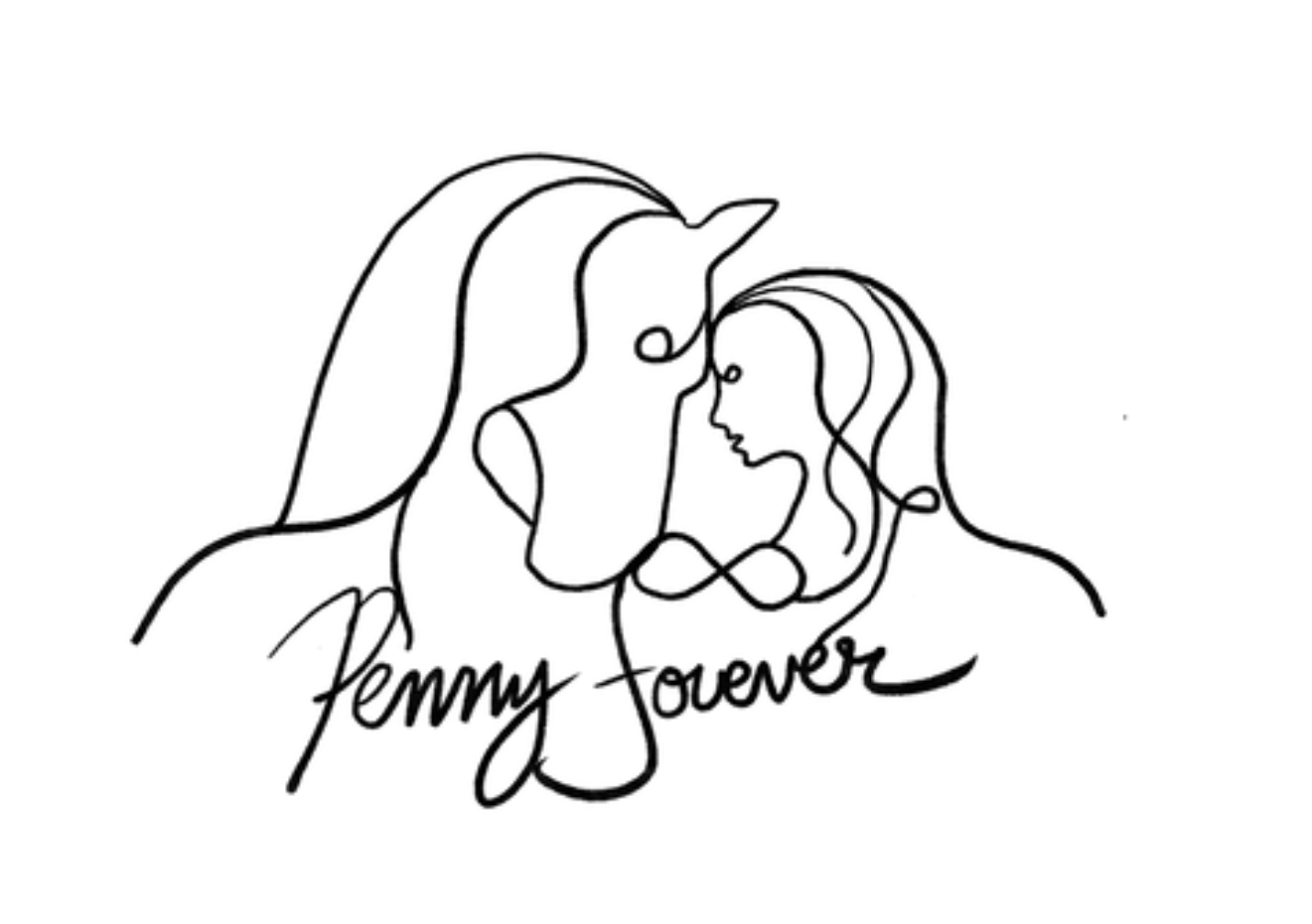 Minimalist one-line drawing of a girl and horse facing each other with Penny Forever signature.