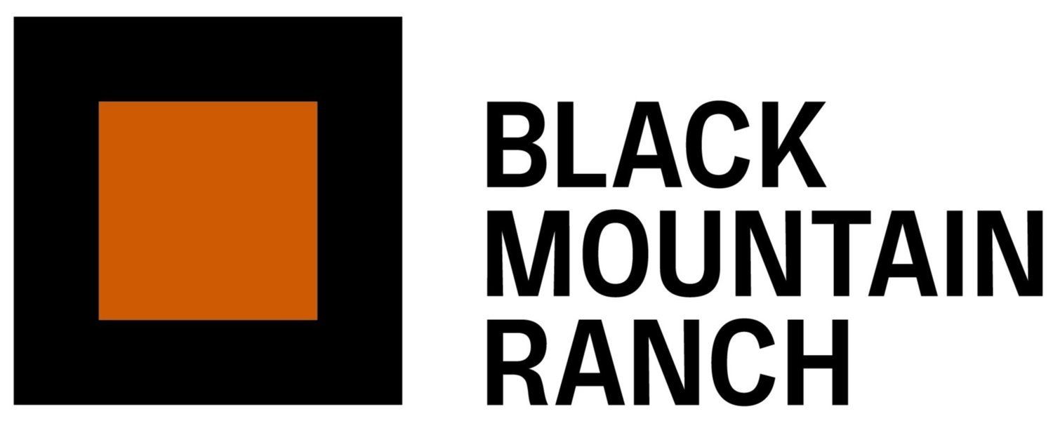 Logo design for Black Mountain Ranch featuring an orange square and bold black text against white background.