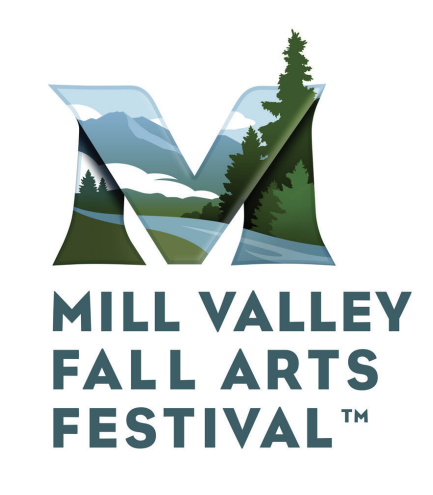 Logo design for Mill Valley Fall Arts Festival featuring a stylized letter M incorporating mountain scenery and evergreen trees.