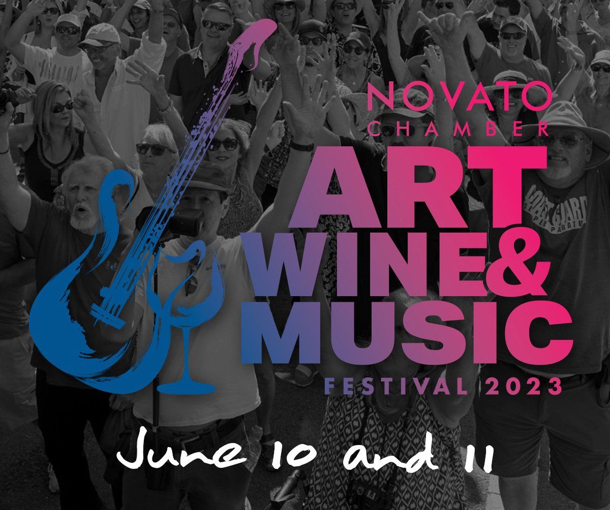 Event poster for Novato Chamber Art Wine & Music Festival 2023 featuring a blue guitar icon and pink text on dark background.