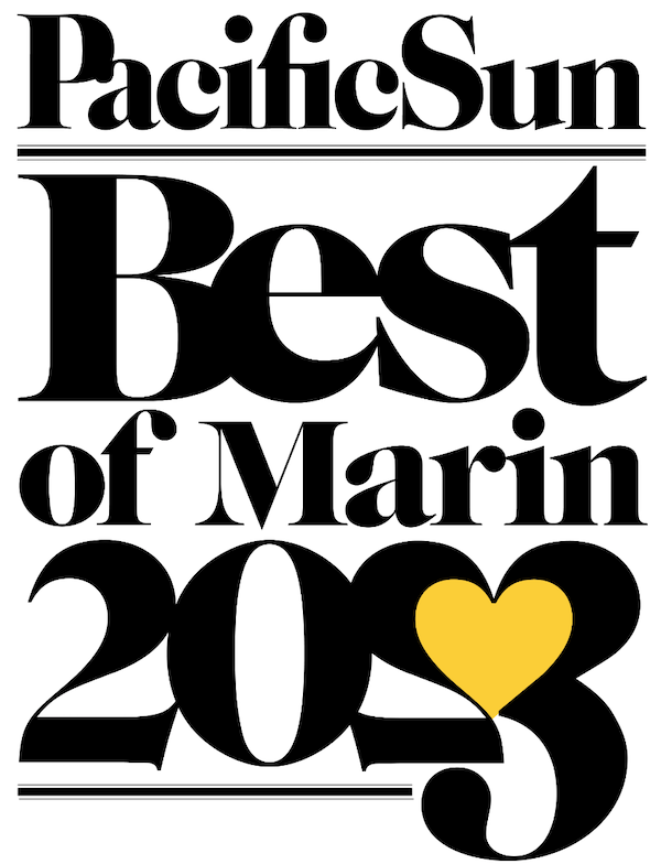 Black and white logo design for Pacific Sun Best of Marin 2023 featuring yellow heart accent.