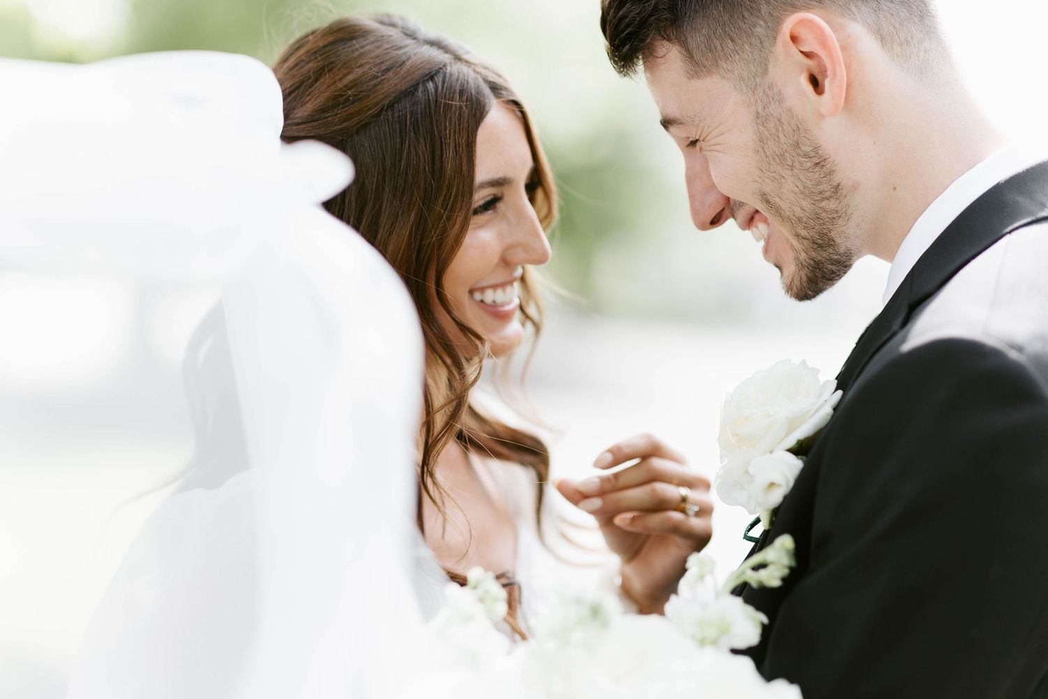 Series of candid wedding photos showing tender moments between bride and groom in natural light.