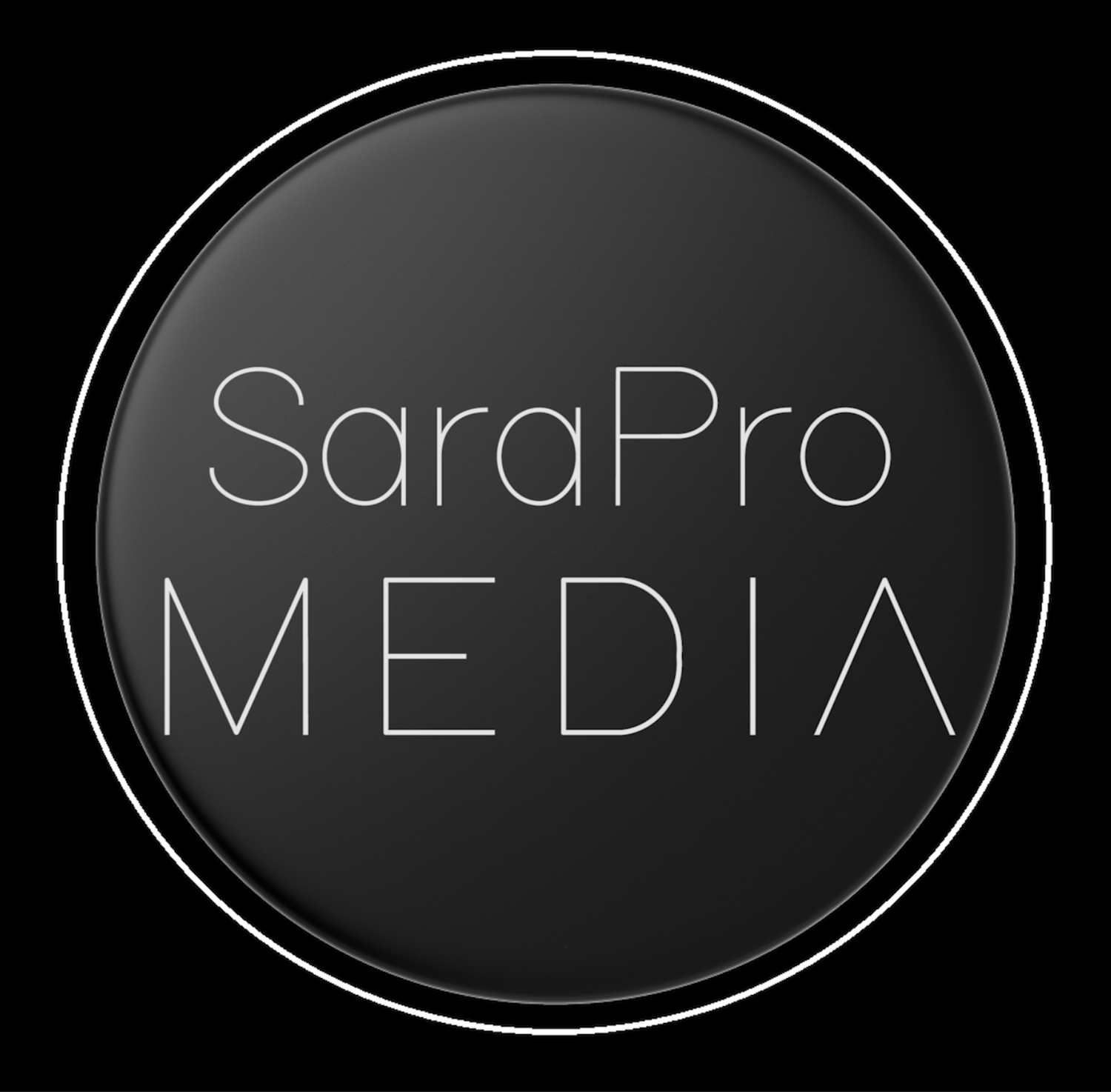 Minimalist black logos for SaraPro Media featuring oval shapes and clean typography.
