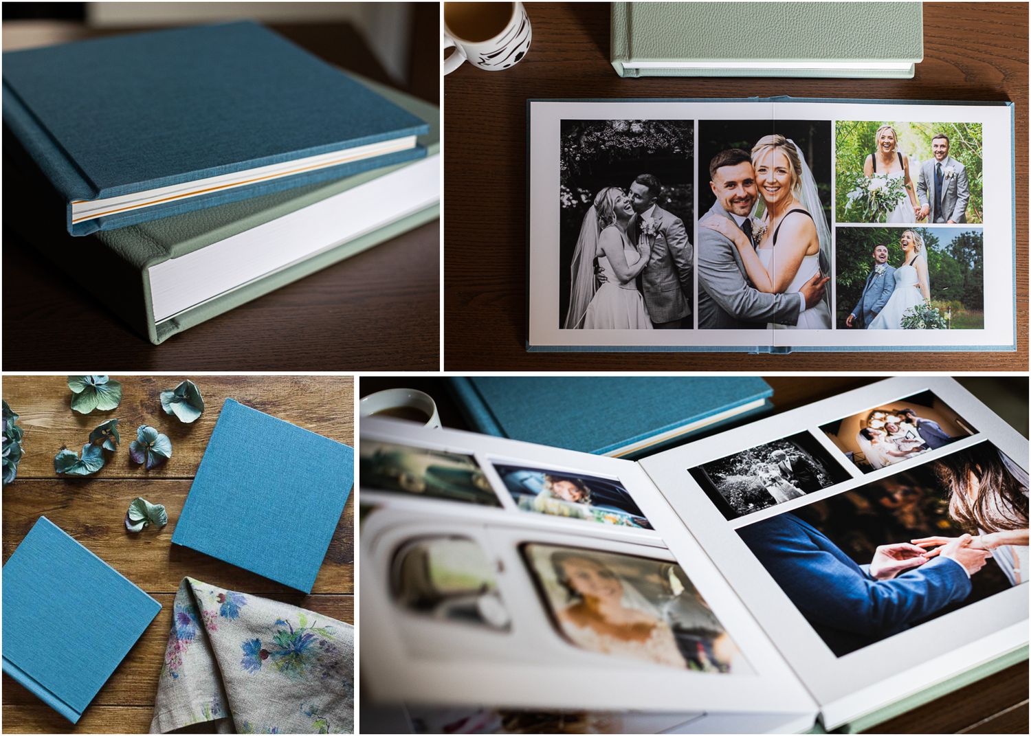 stunning handmade Folio albums in blue and green are laid open on a brown wooden table