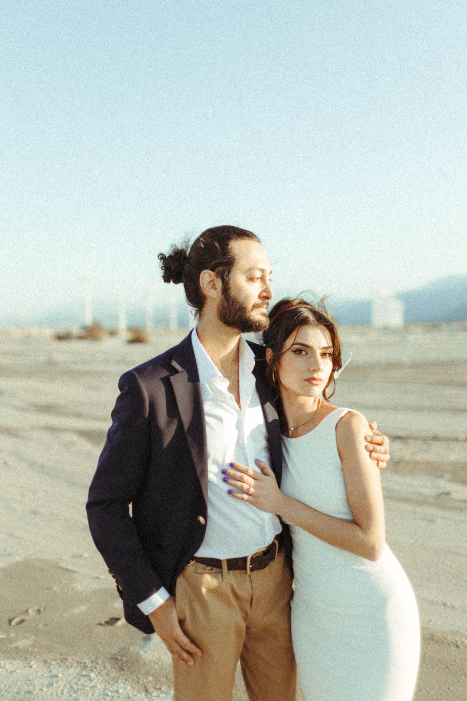 film photography palm springs windmills engaged couple
