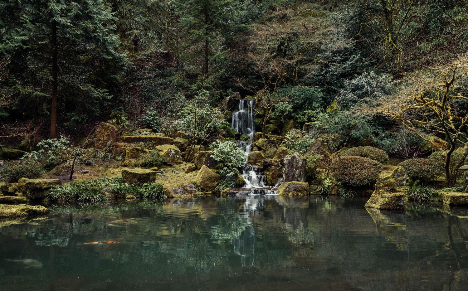 Serenity at it's best, a tranquil scene in a Japanese botanical garden featuring a large waterfall