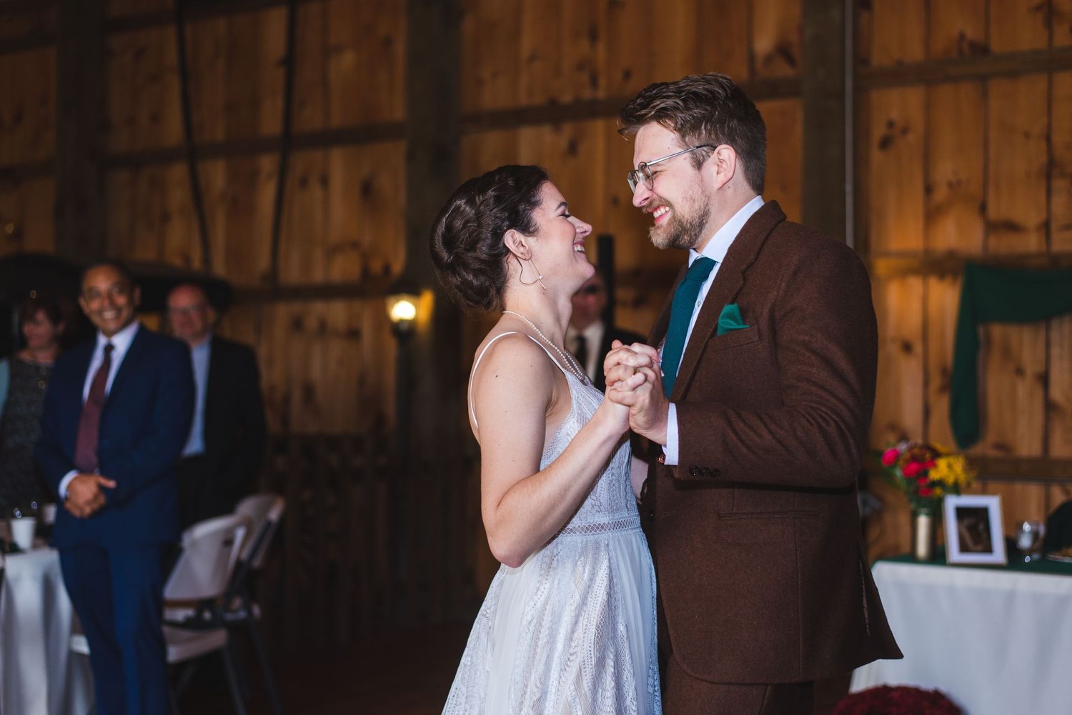 A newlywed couple having their first dance.