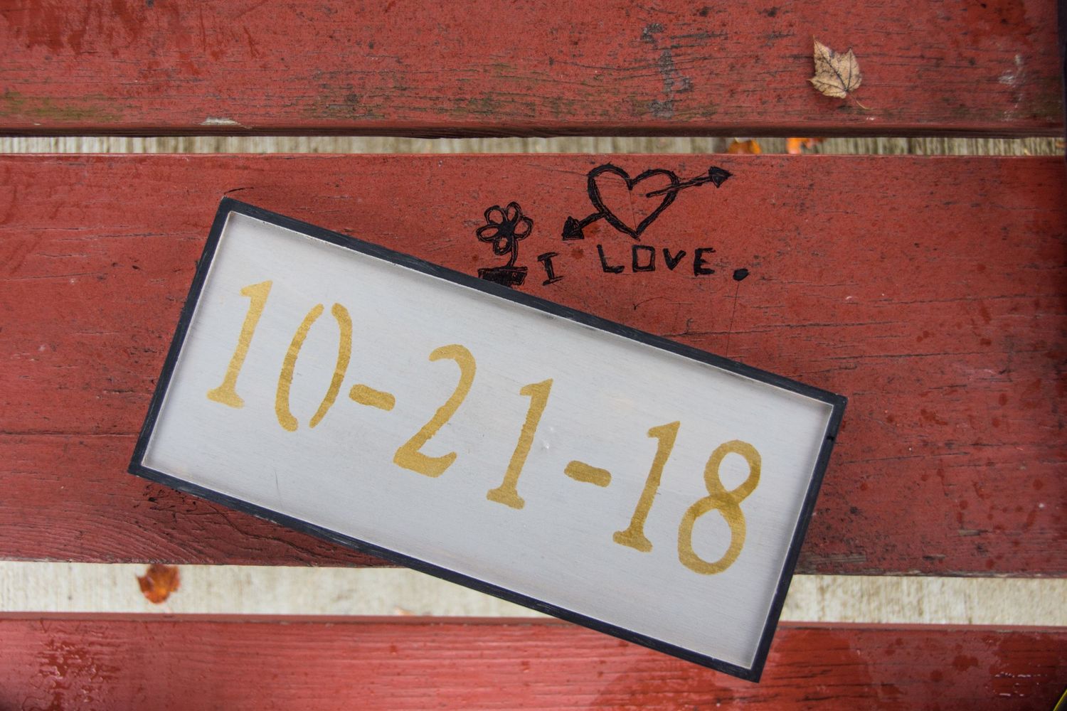 A top-down photo of a framed wedding date on a picnic table.