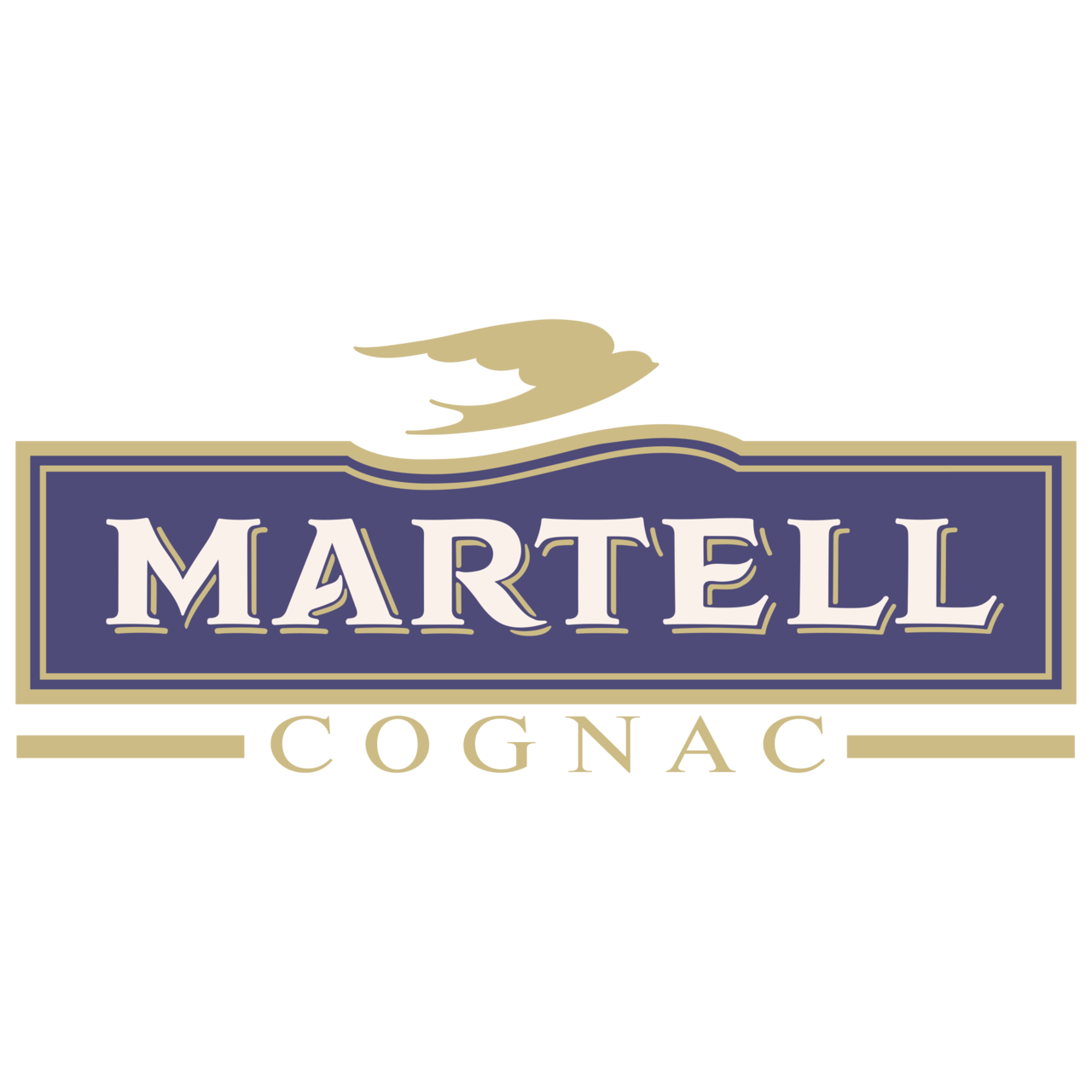 Martell Cognac logo featuring a golden bird silhouette on a purple and gold rectangular banner.