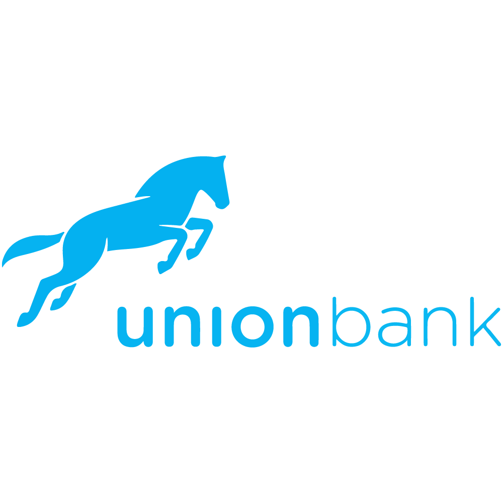 Blue jumping horse logo for Union Bank against white background.