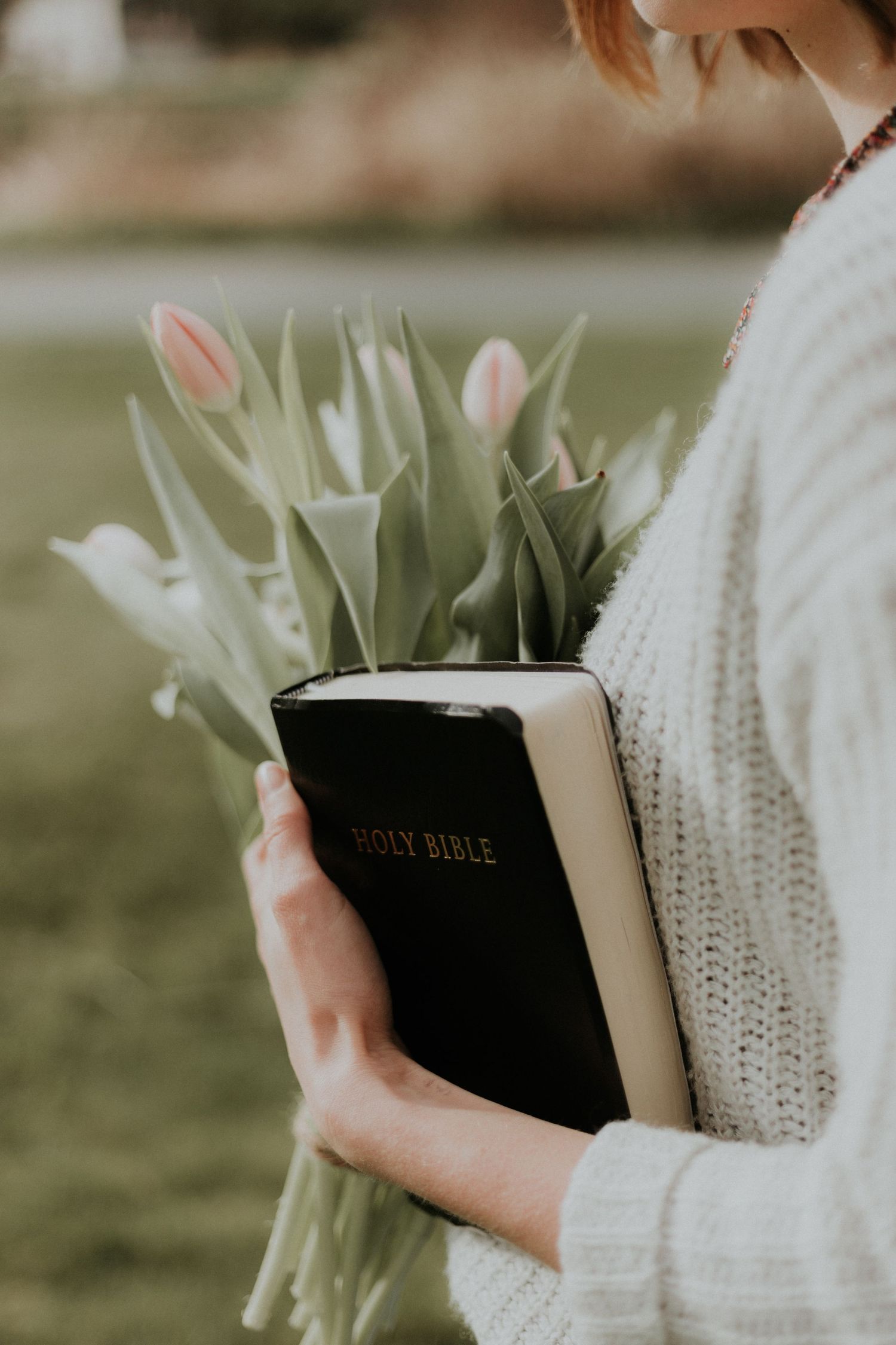 White knit sweater holder holding a black Bible and pink tulips in an outdoor setting.