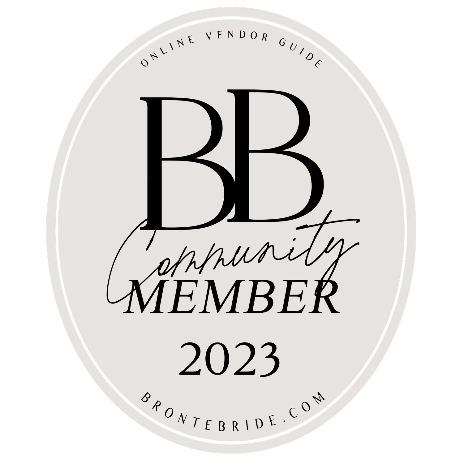 A circular black and white logo for BB Community Member 2023 with elegant typography.