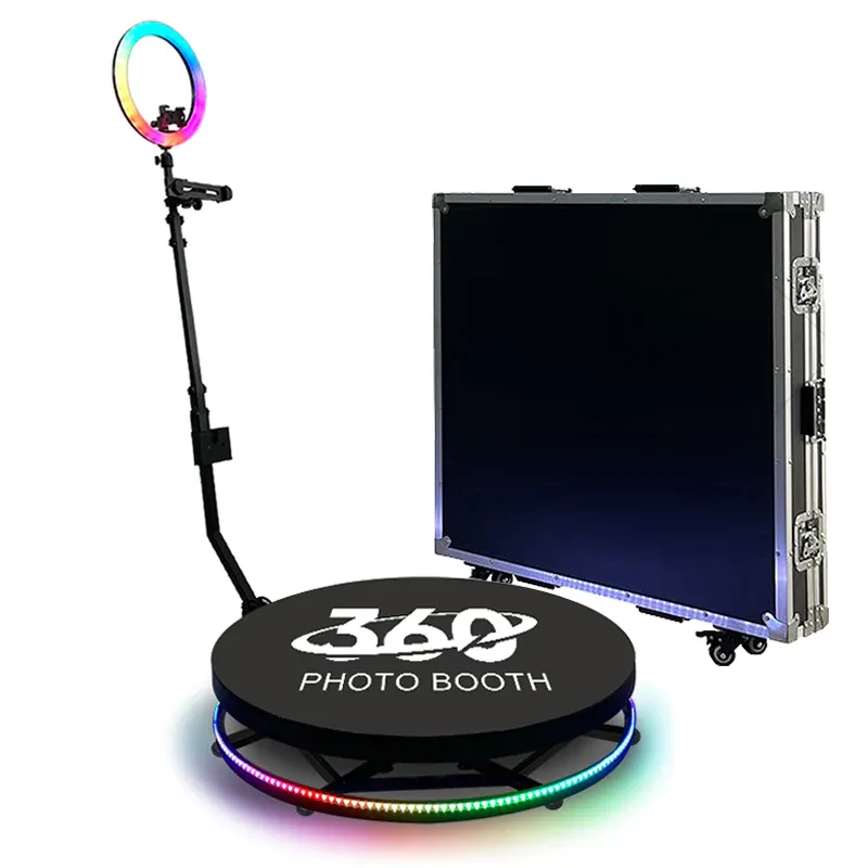 Professional photo booth system with LED ring light and collapsible travel case.