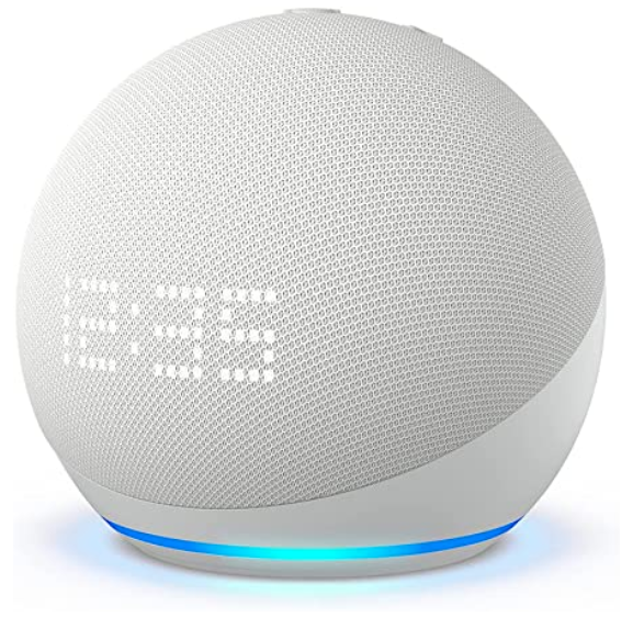 White spherical Echo smart speaker with LED display and blue light ring.