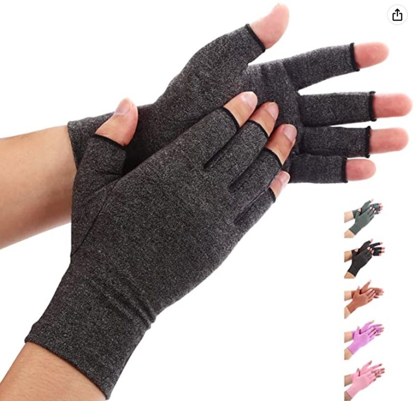 Gray compression arthritis gloves with open fingertips shown on hand.
