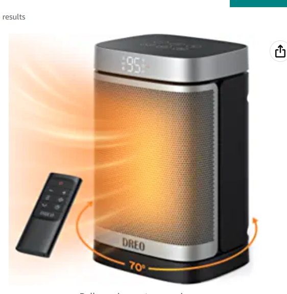Portable space heater with remote control and orange glowing heating element.