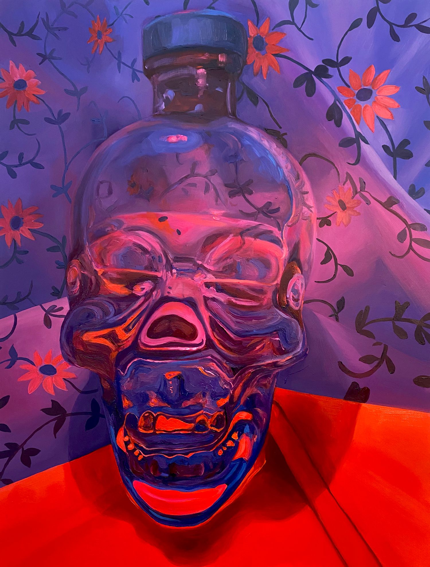 Abstract art piece with purple and red tones featuring floral patterns and glass-like reflections.