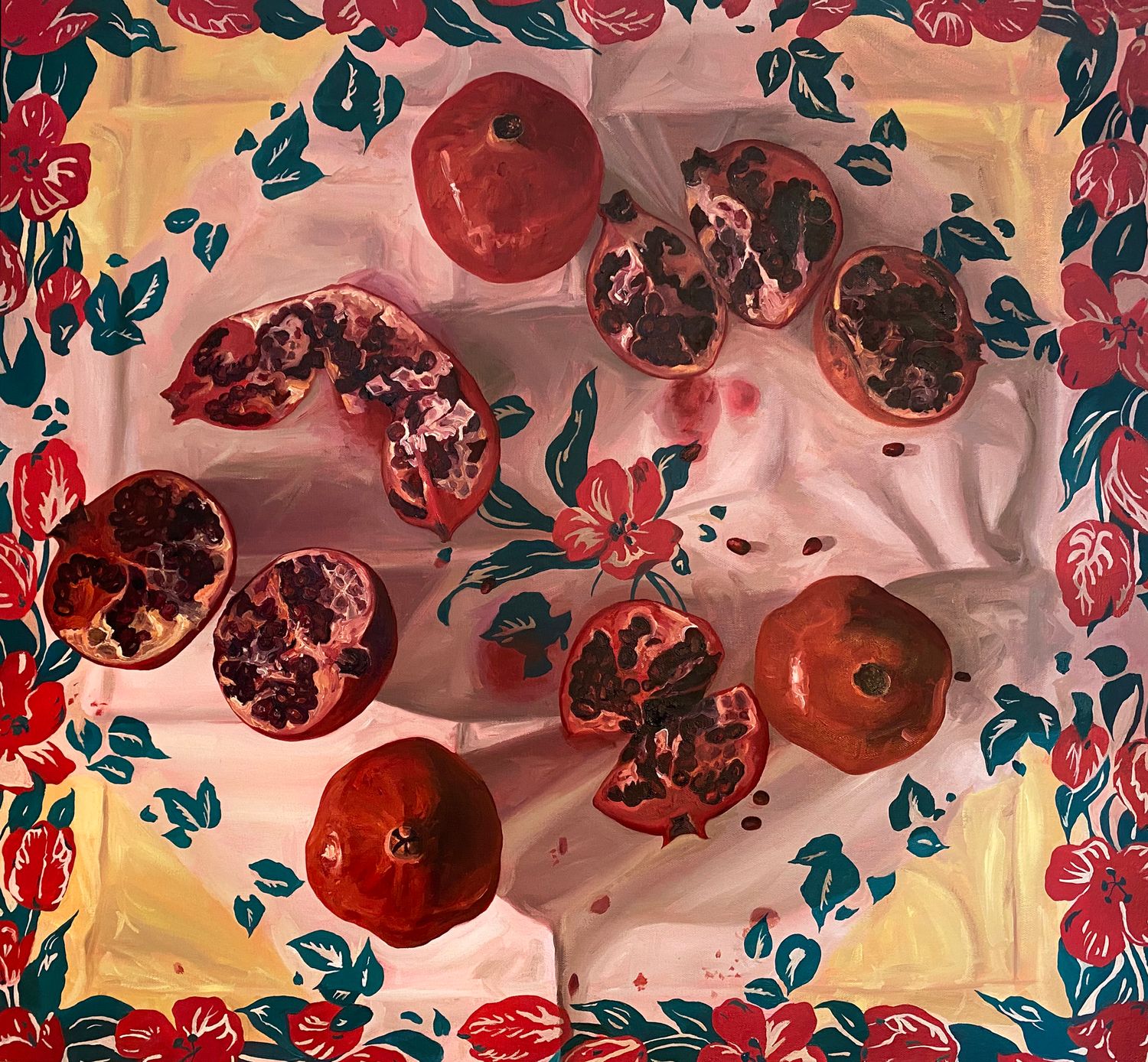 Panoramic painting featuring rich red pomegranates and teal leaves against a warm background.