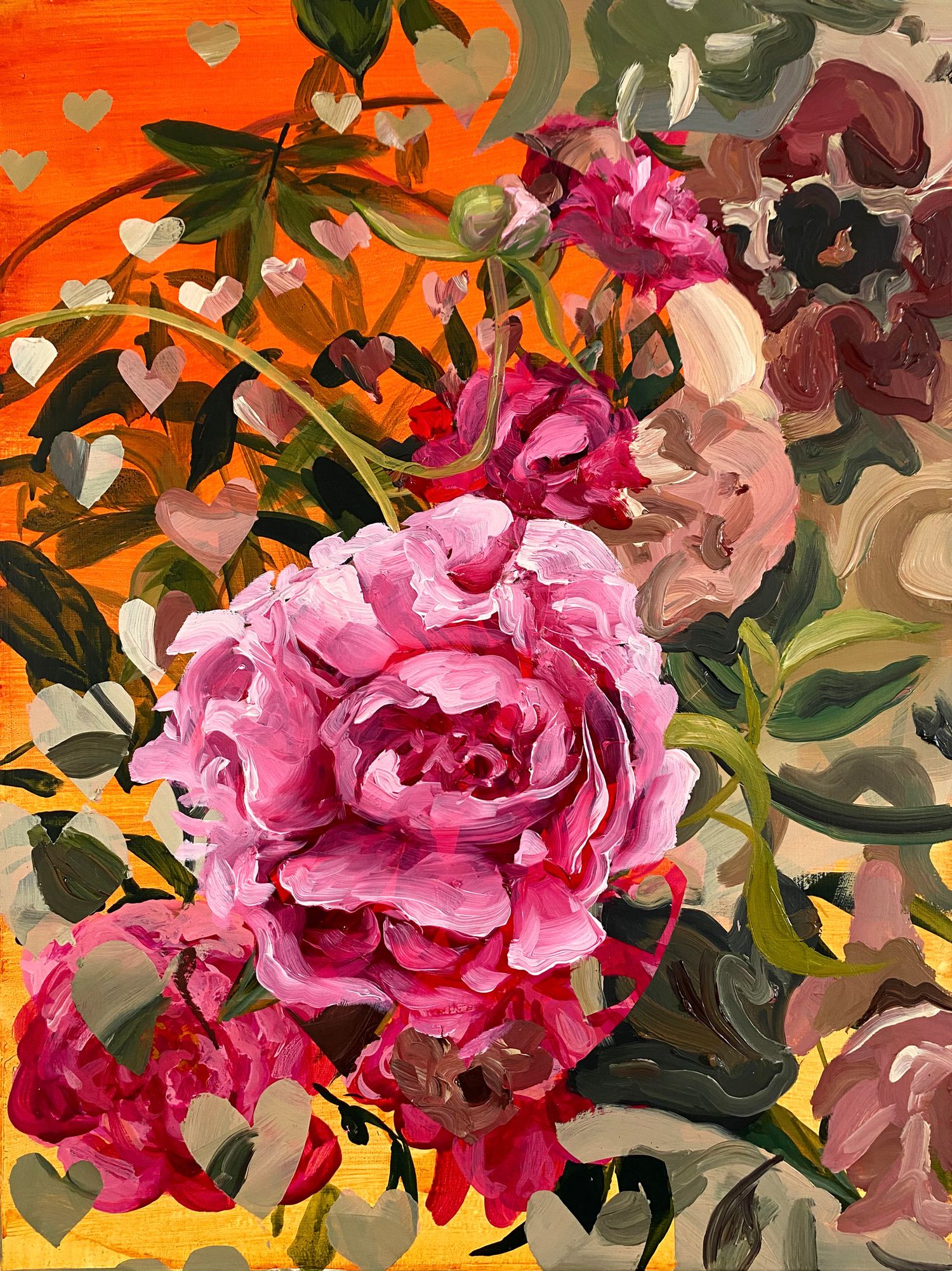 Floral painting featuring pink peonies against vibrant orange background.