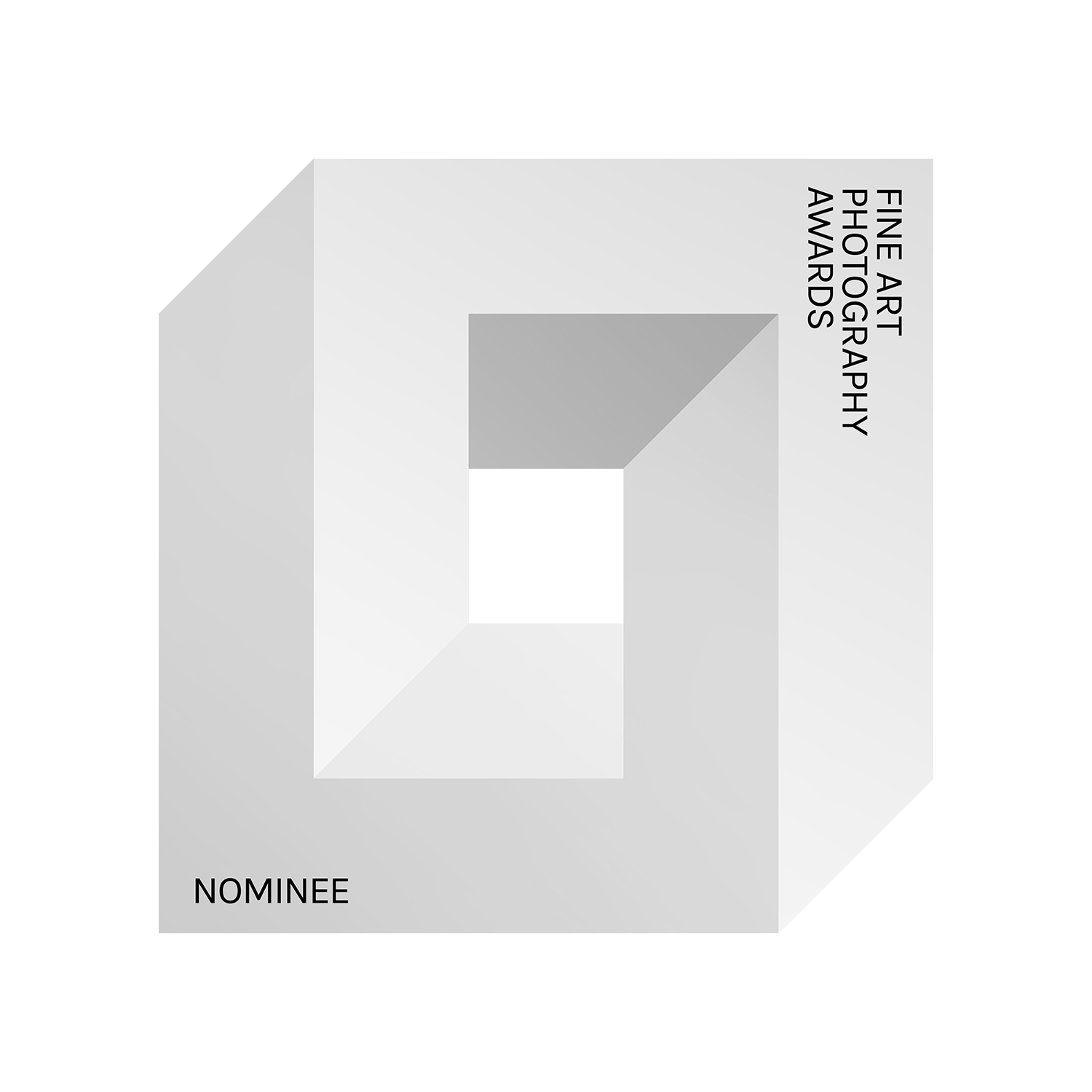 Minimalist white geometric nominee award design with square cutout on light background.