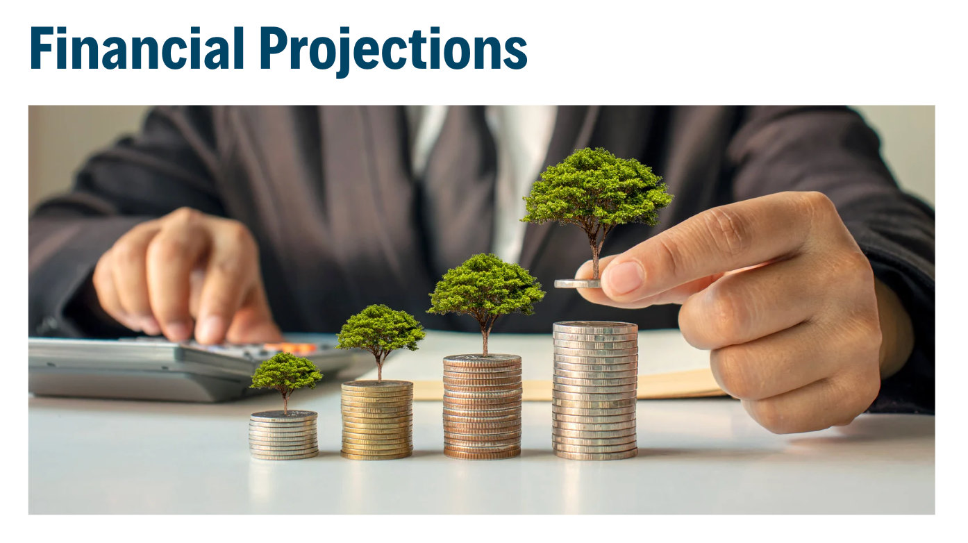 Business chart showing financial projections with growing plant on stacked coins.