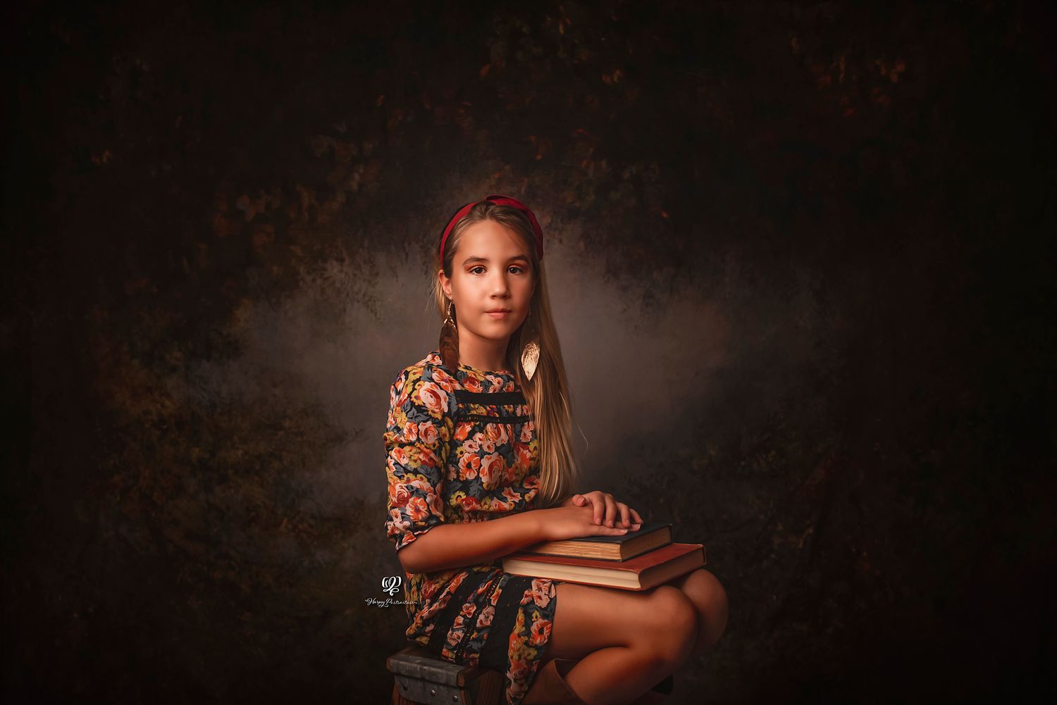 Fine art children's photography; Lexington, SC studio photographer; young girl back to school with old books fine art ph