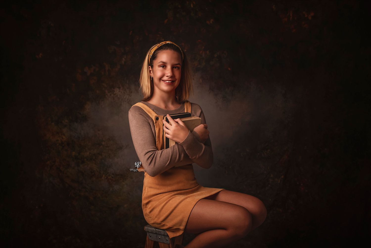 Young girl smiles holding old books in fine art photo; Lexington, SC photography studio fine art children's session; Sou